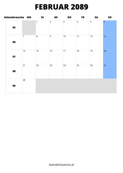 Kalender Februar 2089 Kalender Februar 2089 im Hochformat