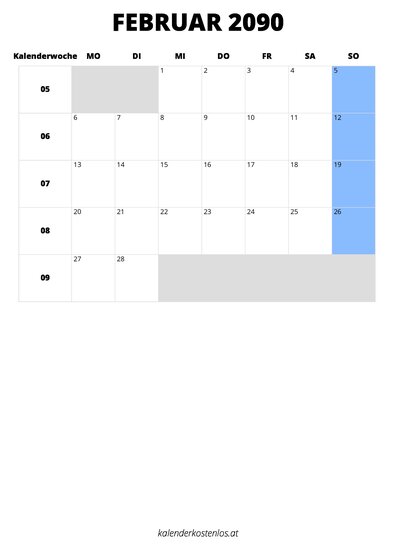 Kalender Februar 2090 im Hochformat