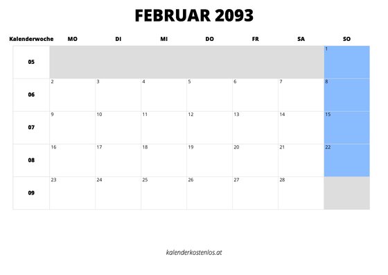Kalender Februar 2093 Kalender Februar 2093 im Querformat