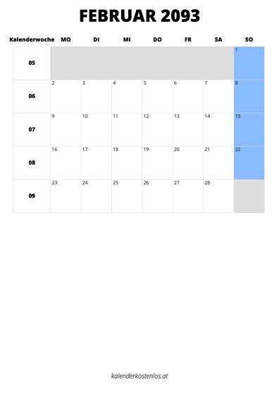 Kalender Februar 2093 Kalender Februar 2093 im Hochformat