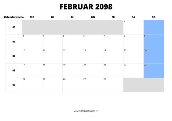 Kalender Februar 2098 im Querformat