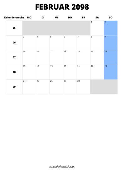 Kalender Februar 2098 im Hochformat