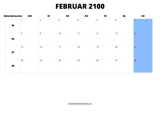 Kalender Februar 2100 im Querformat