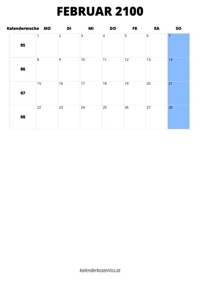 Kalender Februar 2100 im Hochformat