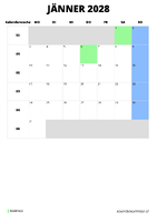 Kalender Jänner 2028 Kalender Jänner 2028 im Hochformat