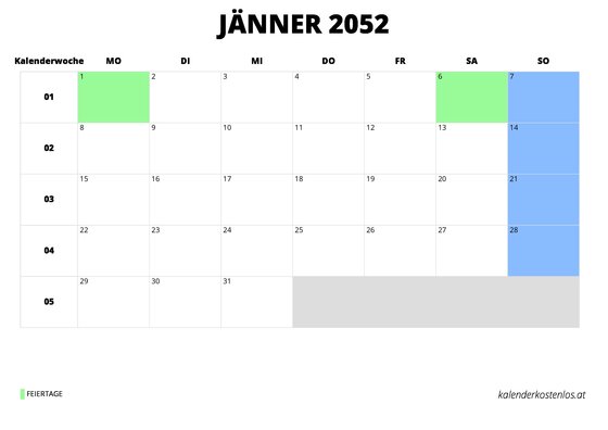 Kalender Jänner 2052 Kalender Jänner 2052 im Querformat