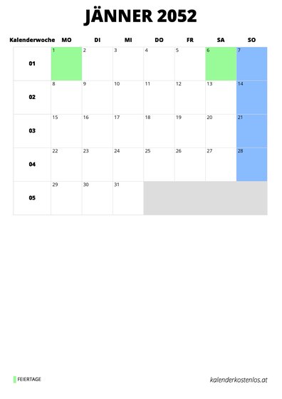 Kalender Jänner 2052 Kalender Jänner 2052 im Hochformat