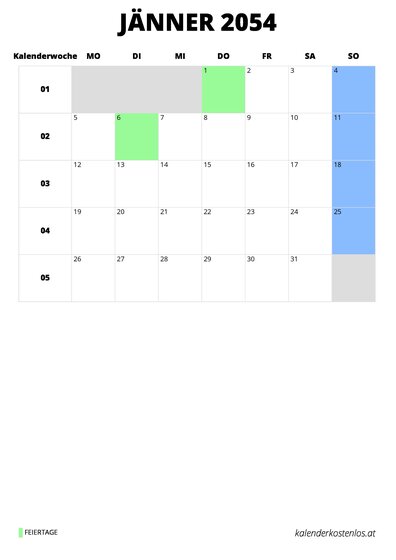 Kalender Jänner 2054 Kalender Jänner 2054 im Hochformat