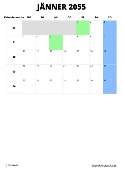 Kalender Jänner 2055 im Hochformat