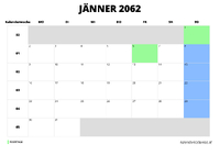 Kalender Jänner 2062 im Querformat