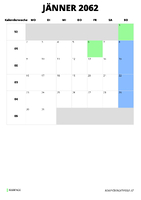 Kalender Jänner 2062 im Hochformat