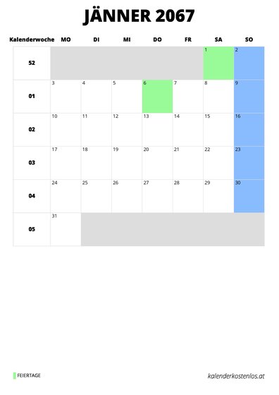 Kalender Jänner 2067 Kalender Jänner 2067 im Hochformat