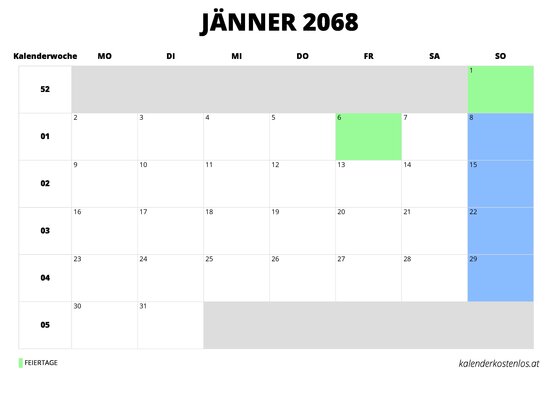 Kalender Jänner 2068 Kalender Jänner 2068 im Querformat