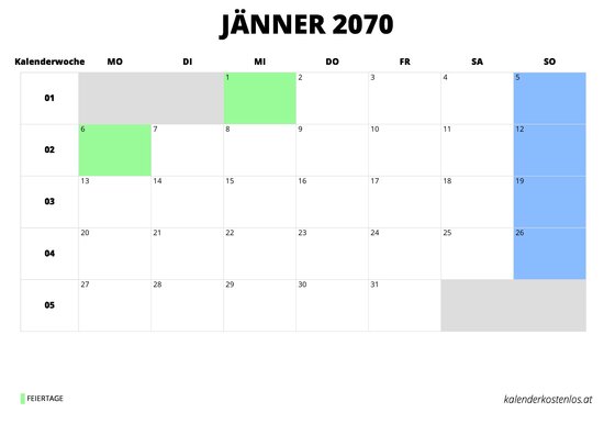 Kalender Jänner 2070 Kalender Jänner 2070 im Querformat