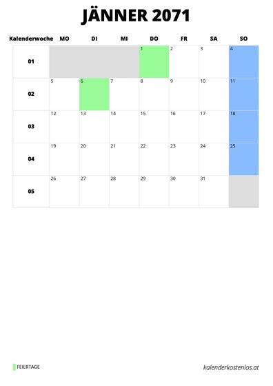 Kalender Jänner 2071 im Hochformat
