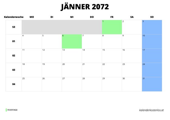 Kalender Jänner 2072 im Querformat