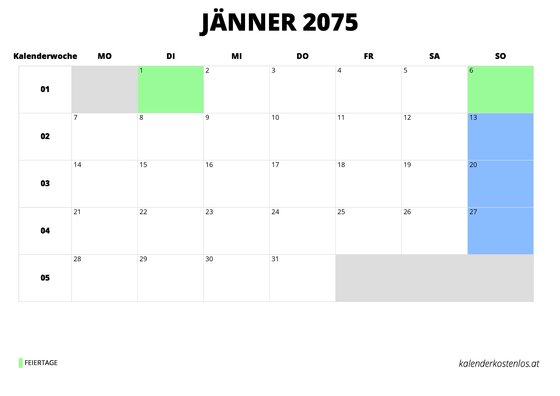 Kalender Jänner 2075 Kalender Jänner 2075 im Querformat