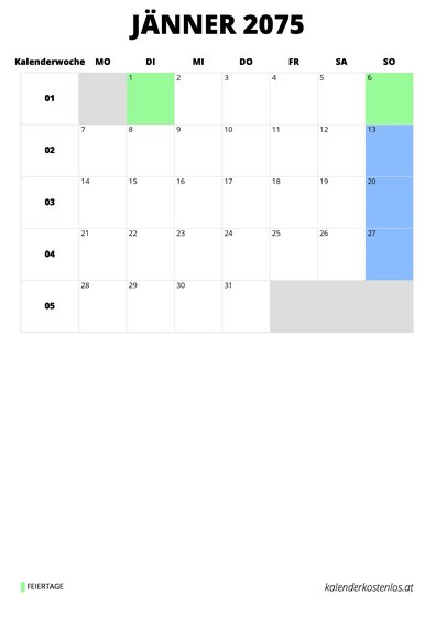 Kalender Jänner 2075 Kalender Jänner 2075 im Hochformat