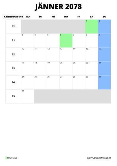 Kalender Jänner 2078 im Hochformat