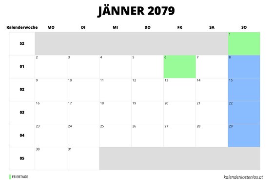 Kalender Jänner 2079 Kalender Jänner 2079 im Querformat