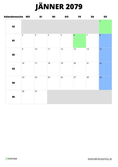 Kalender Jänner 2079 Kalender Jänner 2079 im Hochformat