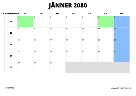 Kalender Jänner 2080 im Querformat