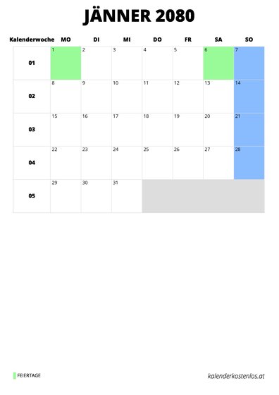 Kalender Jänner 2080 im Hochformat