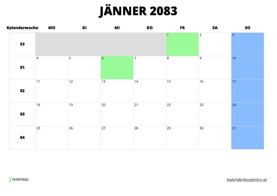 Kalender Jänner 2083 im Querformat