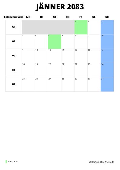 Kalender Jänner 2083 im Hochformat
