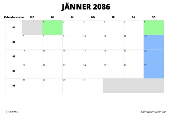 Kalender Jänner 2086 Kalender Jänner 2086 im Querformat