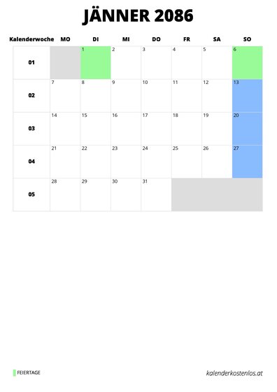 Kalender Jänner 2086 Kalender Jänner 2086 im Hochformat