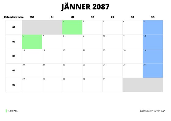 Kalender Jänner 2087 Kalender Jänner 2087 im Querformat