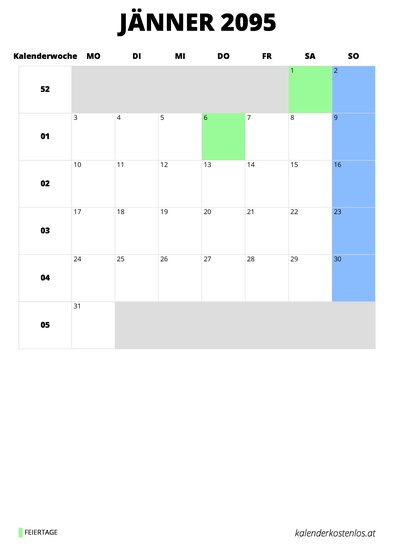 Kalender Jänner 2095 im Hochformat