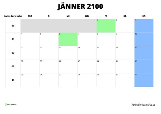 Kalender Jänner 2100 Kalender Jänner 2100 im Querformat