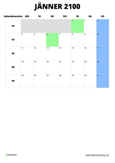 Kalender Jänner 2100 Kalender Jänner 2100 im Hochformat