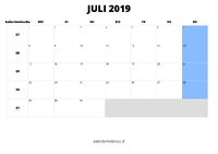Kalender Juli 2019 im Querformat