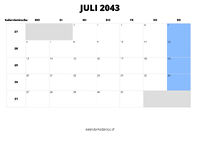 Kalender Juli 2043 im Querformat