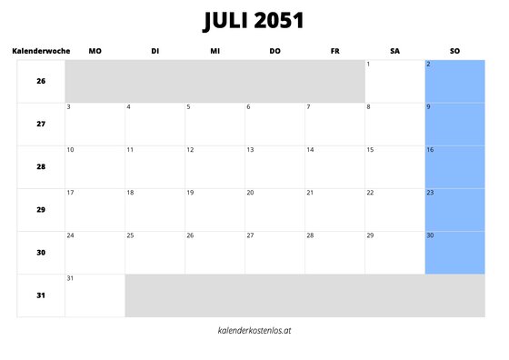 Kalender Juli 2051 Kalender Juli 2051 im Querformat