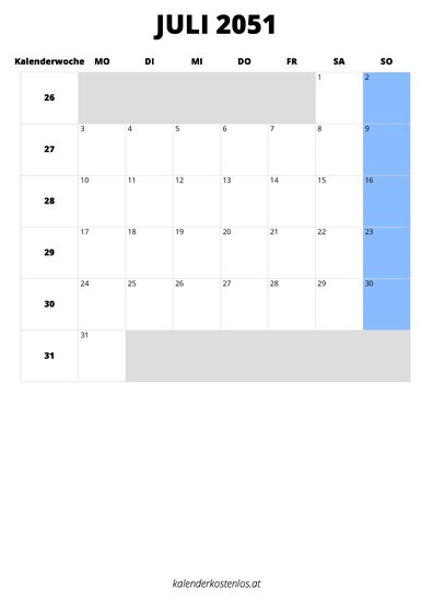 Kalender Juli 2051 Kalender Juli 2051 im Hochformat