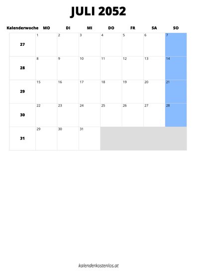 Kalender Juli 2052 Kalender Juli 2052 im Hochformat