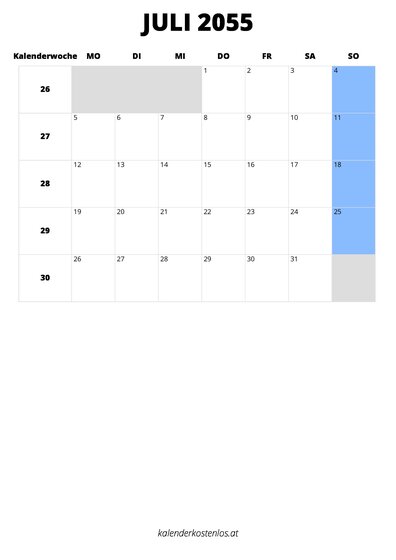 Kalender Juli 2055 Kalender Juli 2055 im Hochformat