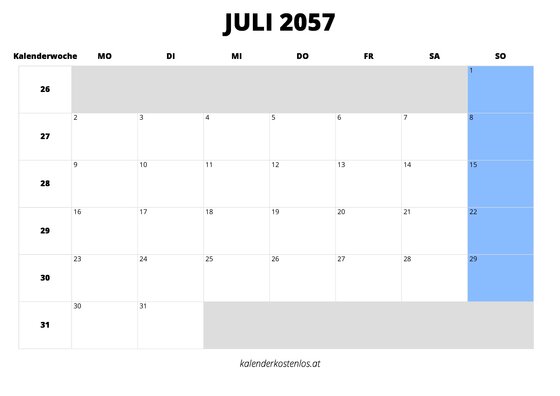 Kalender Juli 2057 im Querformat