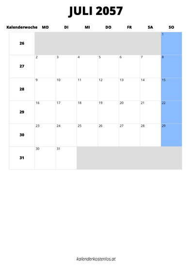 Kalender Juli 2057 im Hochformat