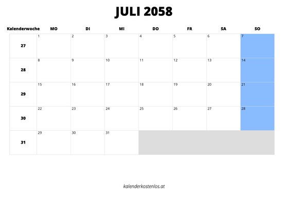 Kalender Juli 2058 im Querformat