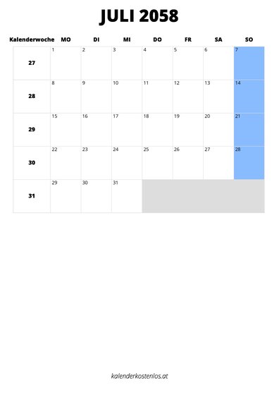 Kalender Juli 2058 im Hochformat