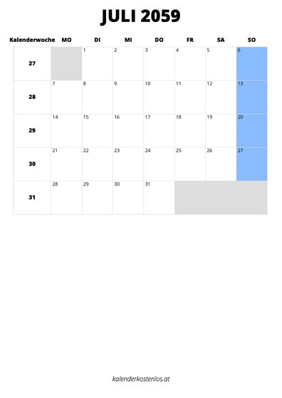 Kalender Juli 2059 im Hochformat