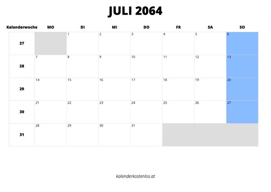 Kalender Juli 2064 im Querformat