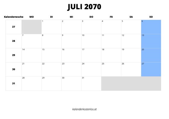 Kalender Juli 2070 Kalender Juli 2070 im Querformat