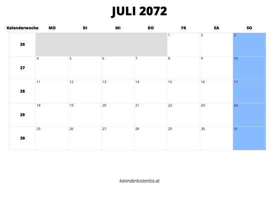Kalender Juli 2072 im Querformat