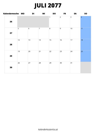 Kalender Juli 2077 Kalender Juli 2077 im Hochformat